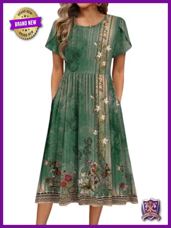 Dresses & Skirts - A-Line Midi Dress with Pockets Flowy Short Sleeve T-Shirt Dress